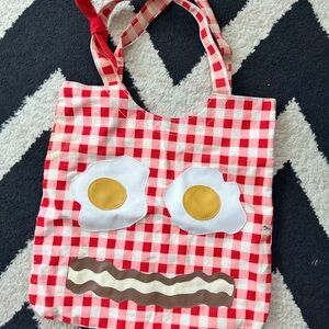 Red Checkered Tote Bag with Egg and Bacon Design